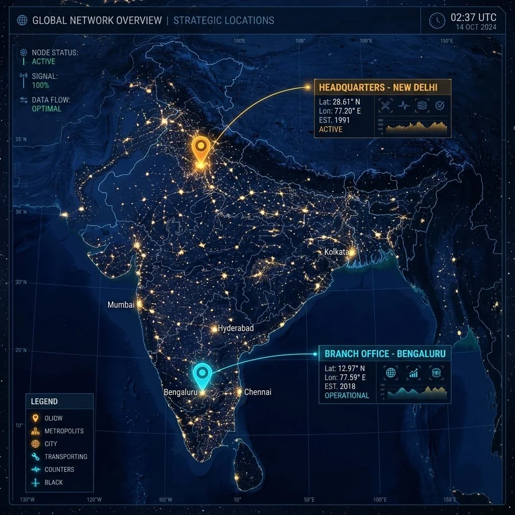 Lunar Crew India Office Presence Map — New Delhi Headquarters and Bengaluru Regional Hub
